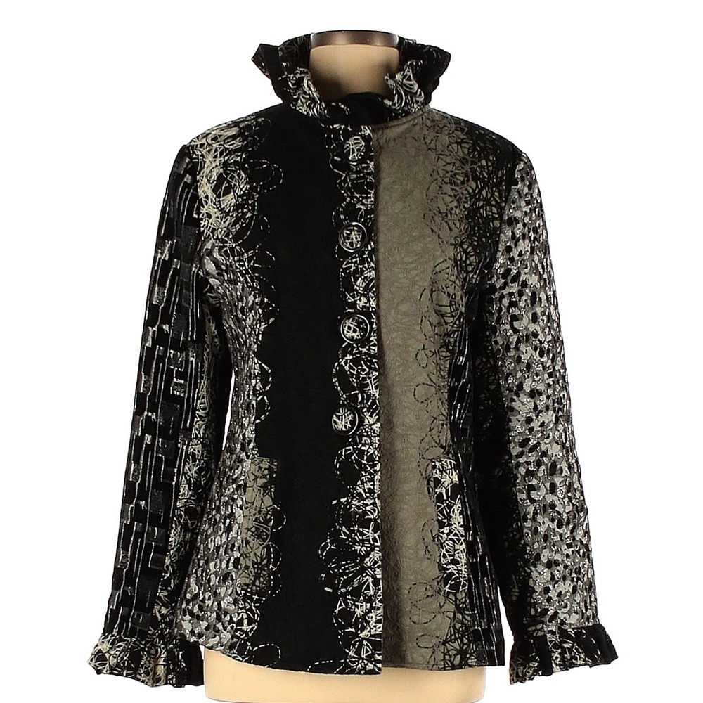 Lindi Vintage Mixed Media Bell Sleeve coat Jacket Mock Ruffle Neck Size Medium